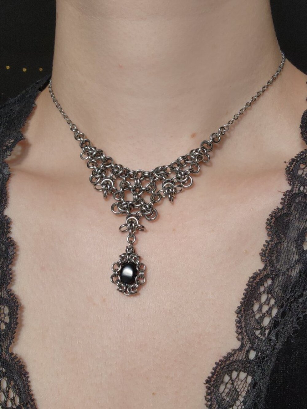Vintage Victorian gothic style black onyx and silver chandelier necklace